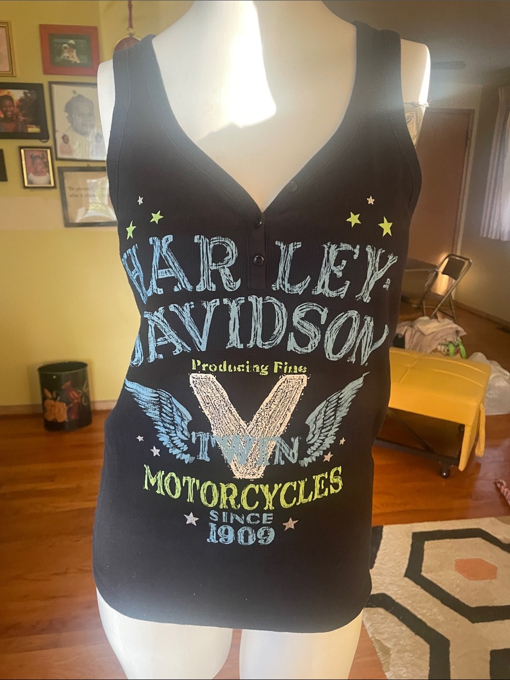 Harley-Davidson Black Tank Top with Twin Wing Deshn and Blue and Green Graphic